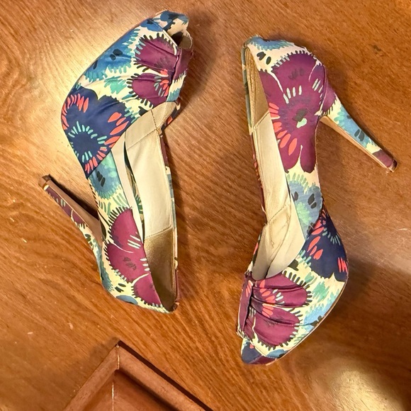 Vintage Y2K Zara Woman Collection Multicolor Peep Toe Floral 4” Heels Size 38/8 - Picture 2 of 12